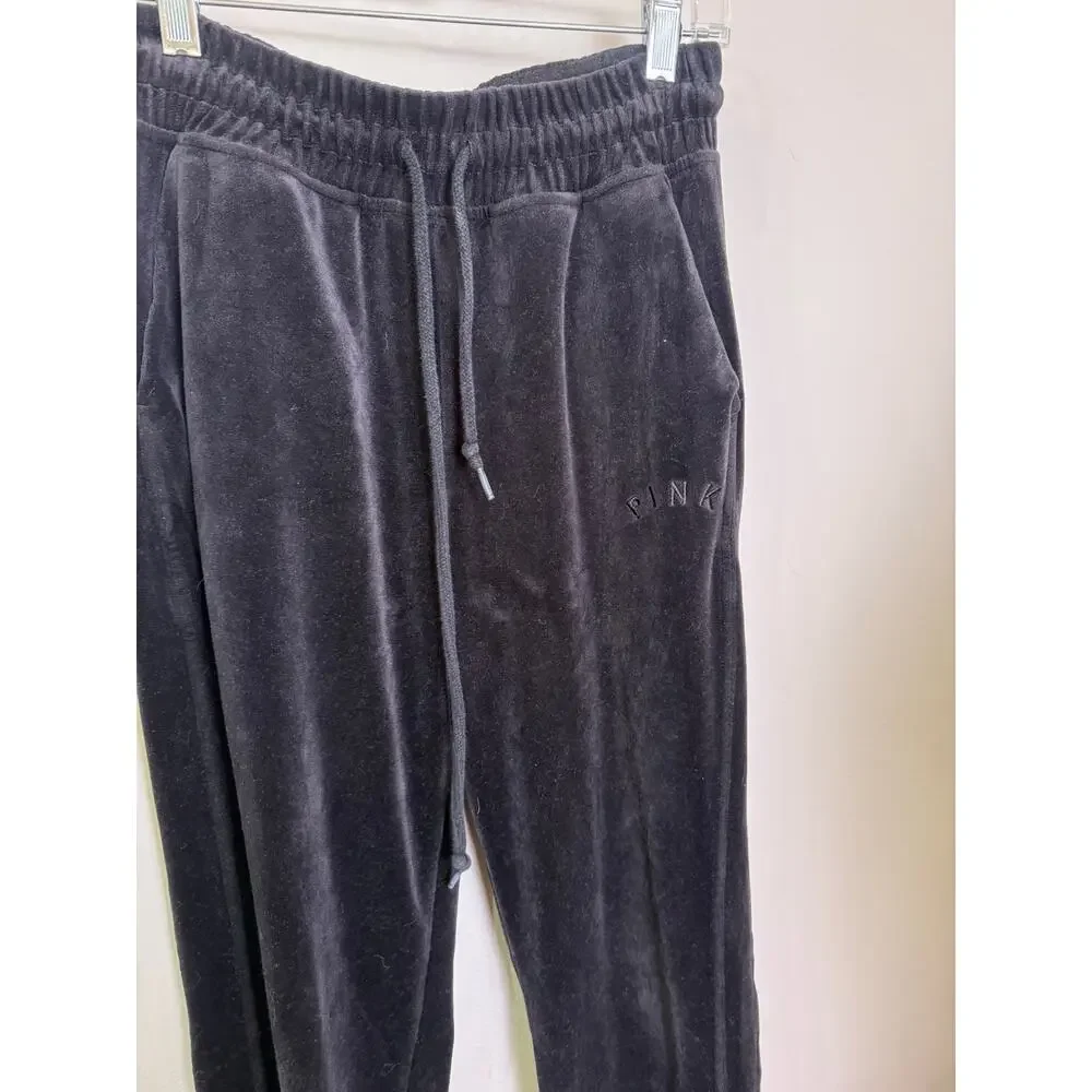 PINK Victorias Secret Pink Black Velvet Sweatpants Tapered Ankle Zipper Size S - Picture 2 of 4